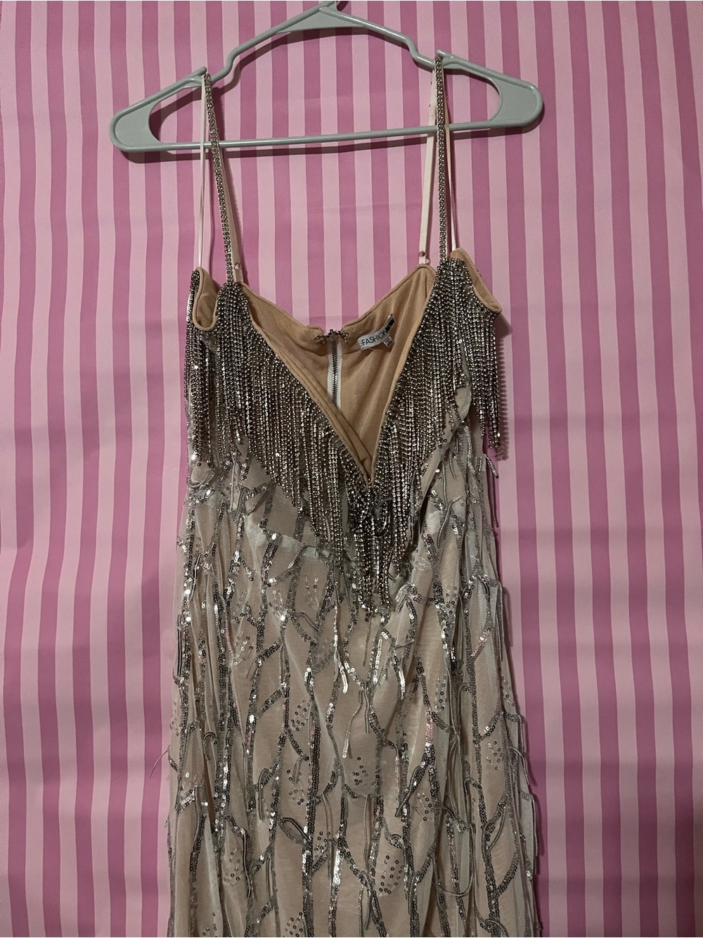 Fashion Nova Beige Dress with Silver Sequin Fringe